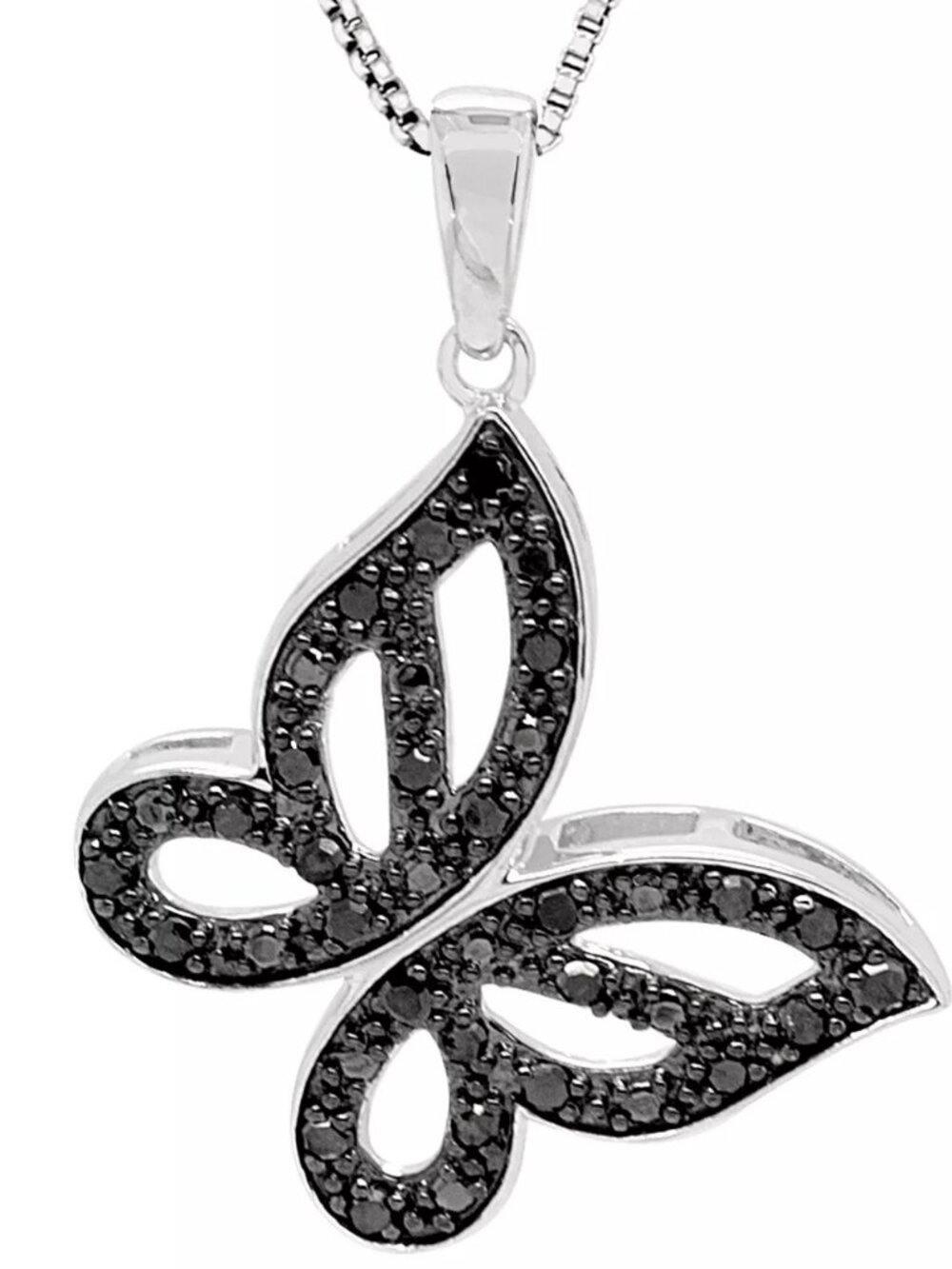 Black Diamond Pavé Butterfly Pendant Necklace 1/6 ct  Sterling Silver